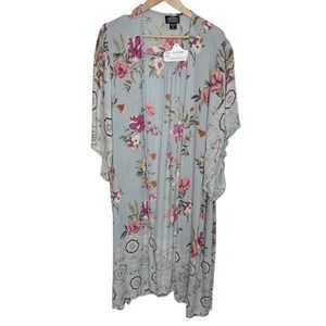 Angie Women's Open Front Kimono Size Medium Blue Gray Floral Long Length Rayon